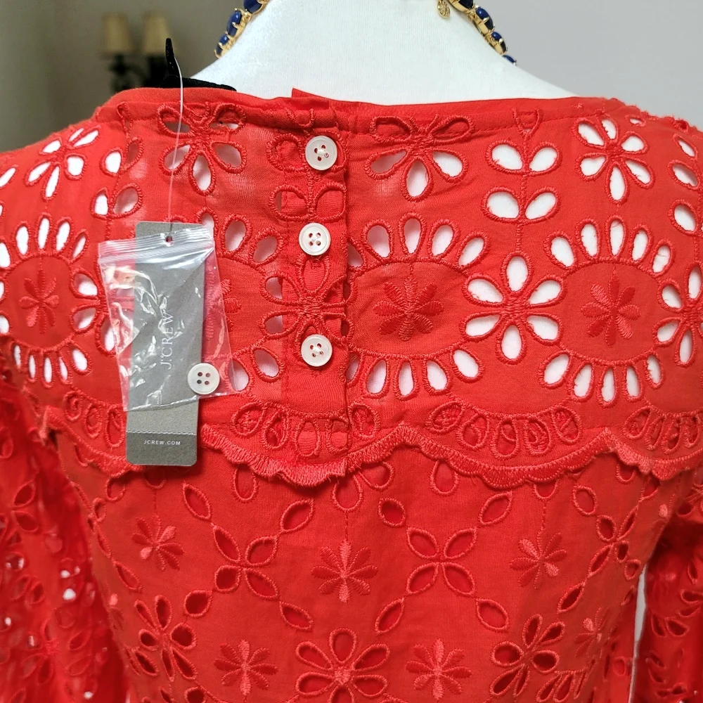 New! J. Crew sz 4 Eyelet Dress Bell-sleeves Orange-Red NWT